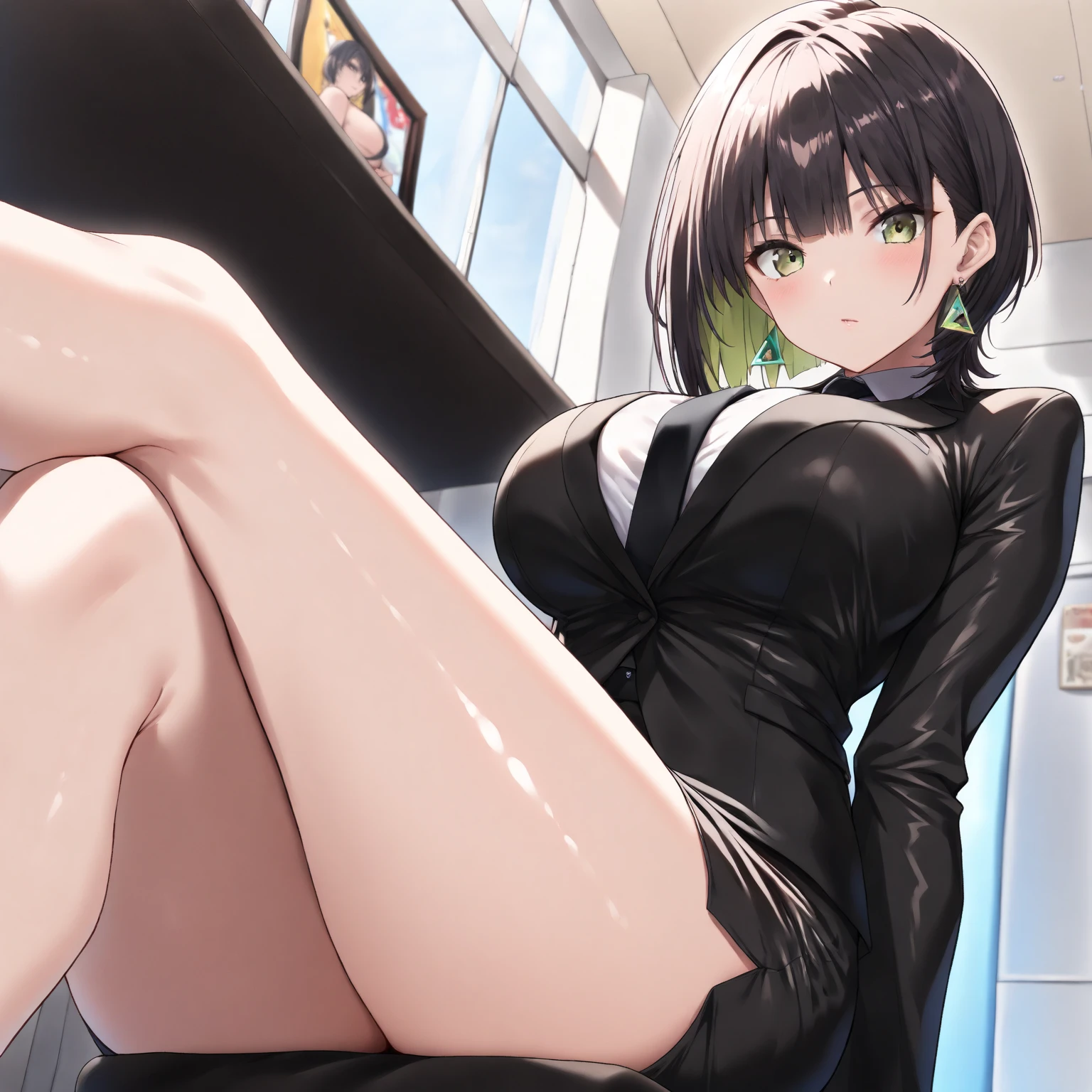 (Best Quality, Masterpiece),sexy mommy,  erotic, 18+, nsfw, 1girl, 30 years old, Contempt, pride, hourglass figure, high heels, short black hair,green detailed sparkling eyes, nude, cleavage, topless, sexy