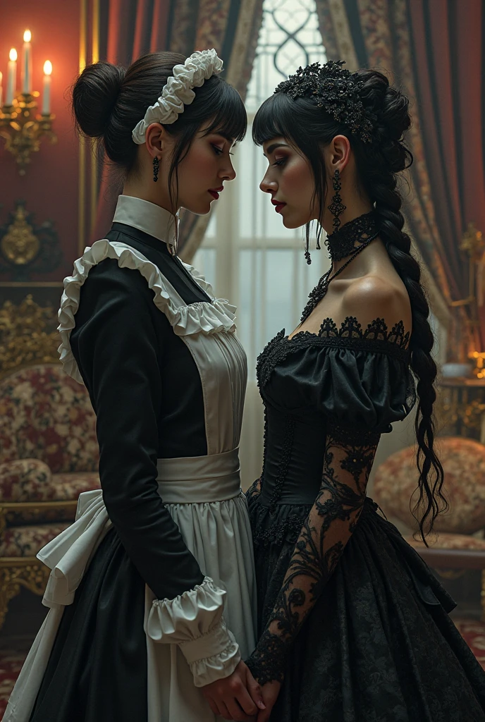 (absurd, high resolution, ultra detailed), (absurd, highres, ultra detailed), 2girl, two maids in love with each other, lesbians, lesbian couple, maids' clothes with ankle-length dresses, with long sleeves and high collars, black and white, the skirts used to be wide and frilly, while the blouses have lace details or ribbons. In addition, they wear white aprons over dresses and hats on their heads.