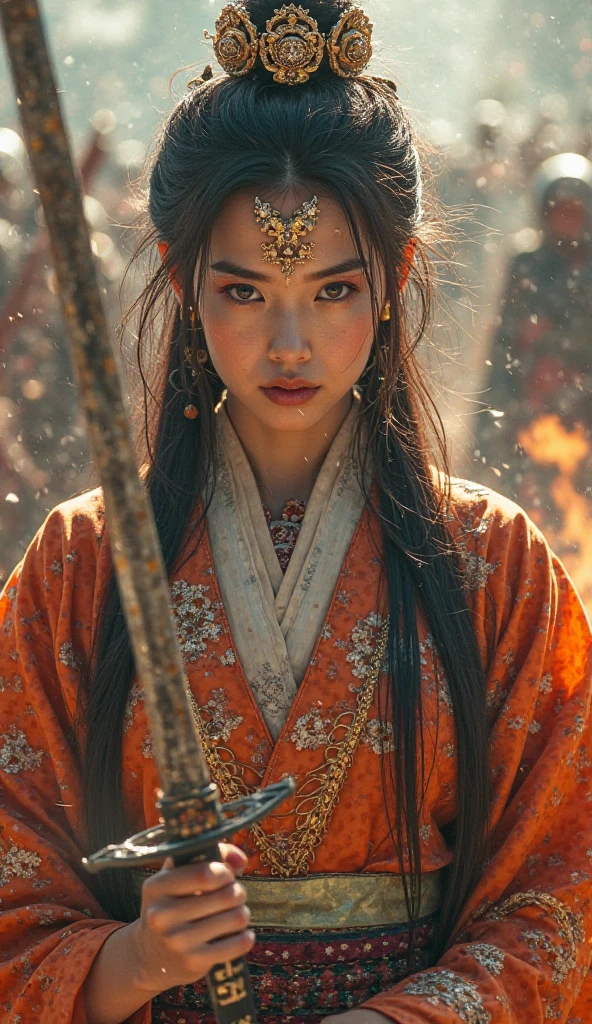 32K(tmasterpiece,k hd,hyper HD,32K)Long flowing black hair,Yellowstone,Tongzhou girl ,Indigo water bottle in arms(realisticlying:1.4),Flame linen robe,Purple-pink tiara,The leaves flutter,The canyon background is pure,Hold your head high,Be proud,The nostrils look at people,Bagua Boxing,Taiji Sword,In martial arts practice,jumpping, A high resolution, the detail,autumnal, RAW photogr, Sharp Re, Nikon D850 Film Stock Photo by Jefferies Lee 4 Kodak Portra 400 Camera F1.6 shots, Rich colors, ultra-realistic vivid textures, Dramatic lighting, Unreal Engine Art Station Trend, cinestir 800,Hold your head high,Be proud,The nostrils look at people