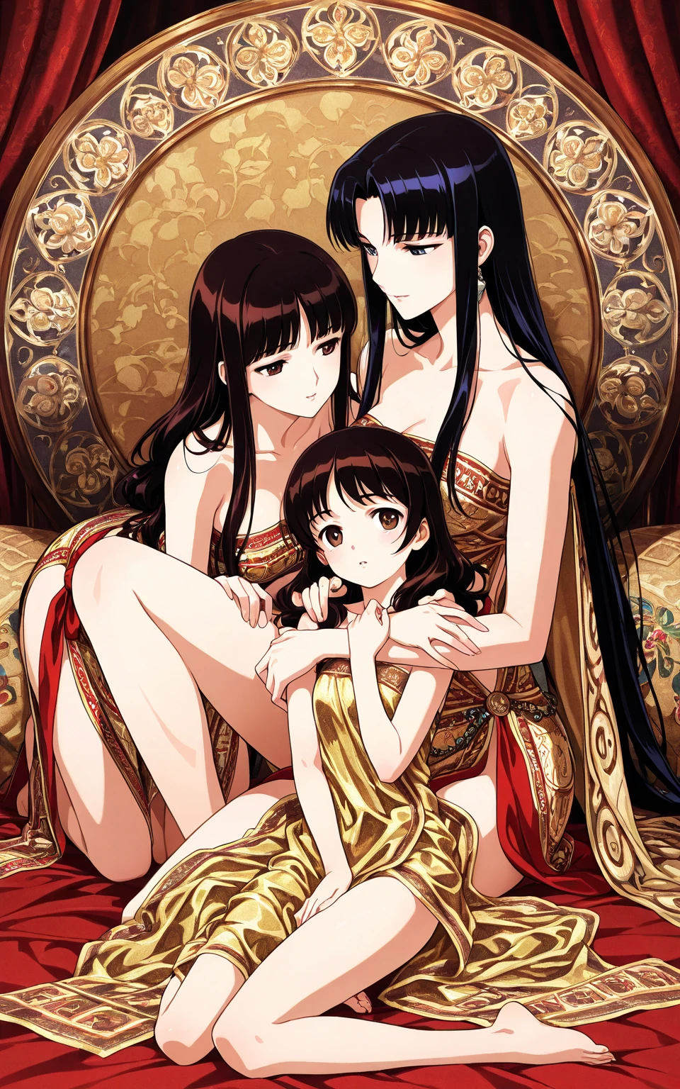 Period drama manga style A 15-year-old super beautiful Chinese girl with black hair in a bun cut She is naked and being helped to get dressed