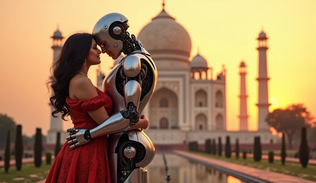 a half robot half humancharacter sitting in front of fallen taj mahal and a beautiful girl is running toward him wearing red saree.