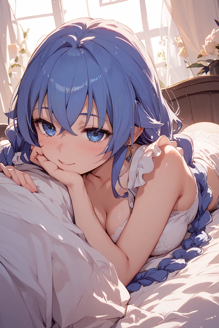1girl,solo,super detailed skin,shiny skin,expressionless face,blue hair,hair over one eye,side ponytail ,large breasts,big T-shirt,polka dots panties,lying on bed,on back,girl’s bedroom ,masterpiece,best quality,ultra detailed,high resolution,sharp focus,depth of field