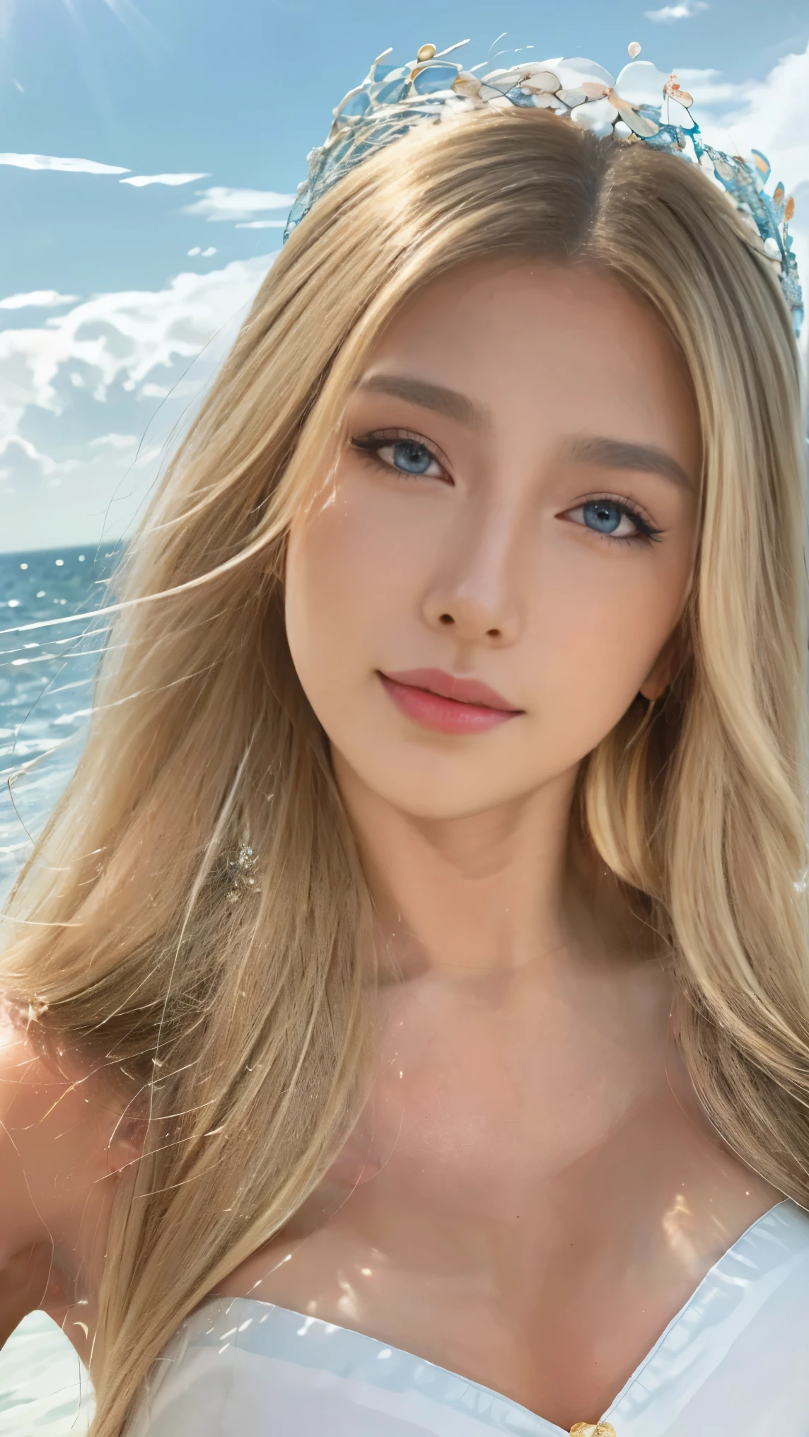 ((Highest quality)), ((masterpiece)), (detailed), (realistic, photo-realistic), (One Japanese woman), (Wet micro bikini), (outdoor, beach, ocean, lie on one's back on beach), (blonde hair:1.2), (sweaty skin:1.2), (rape face:1.5), glamorous, open mouth, drool, necklace, Legs, cum on body, from above, (full body),
