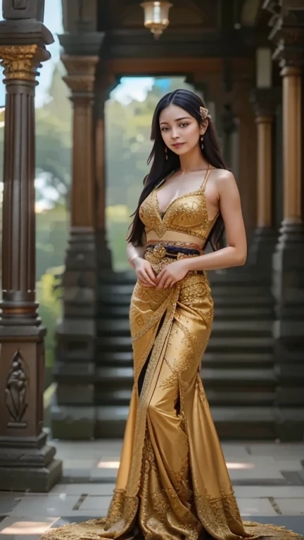 ((realistic light, best quality, 8ก, Masterpiece: 1.3)), Clear focus: 1.2, 1 woman, perfect figure: 1.4, Slim stomach: 1.1, ((dark brown hair)), (Thai dress: 1.4), (outdoor, at night: 1.1), Country roads , good eyes, Double eyelids,