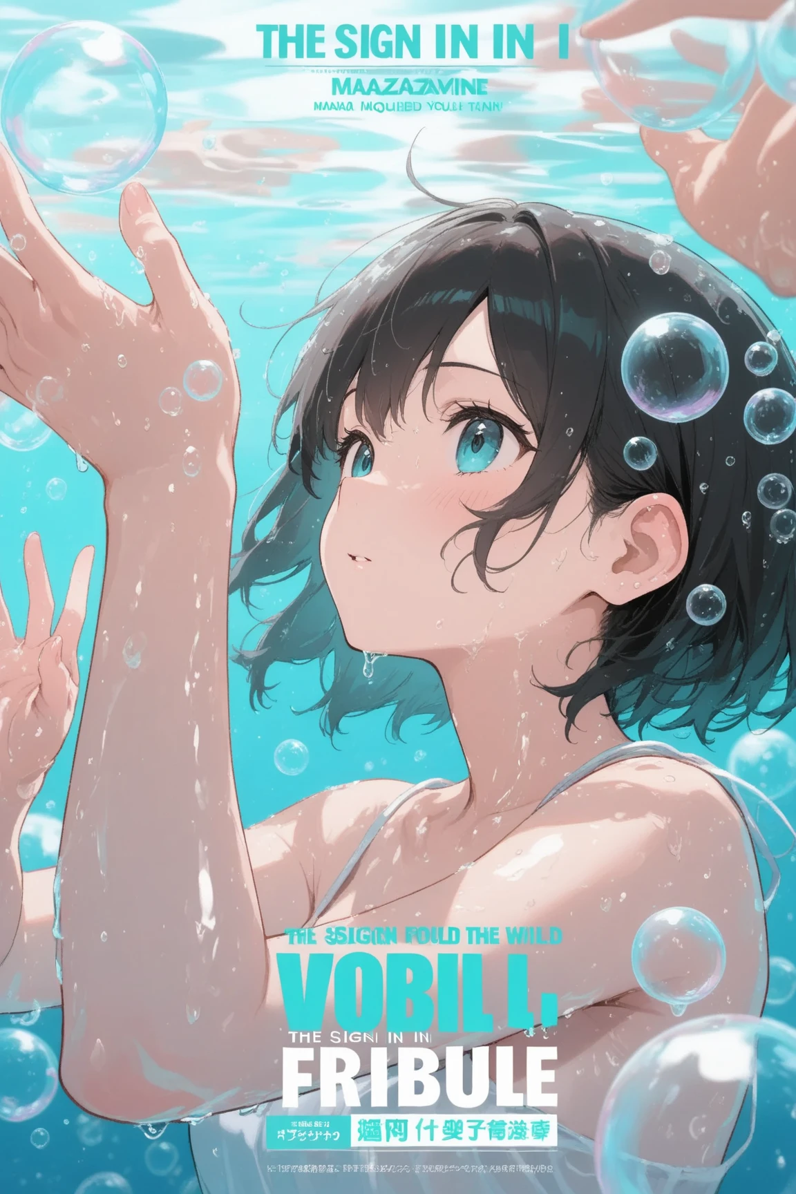 magazine cover，surrounded by bubbles，The sign in the hand has the title on it：“liquid”。