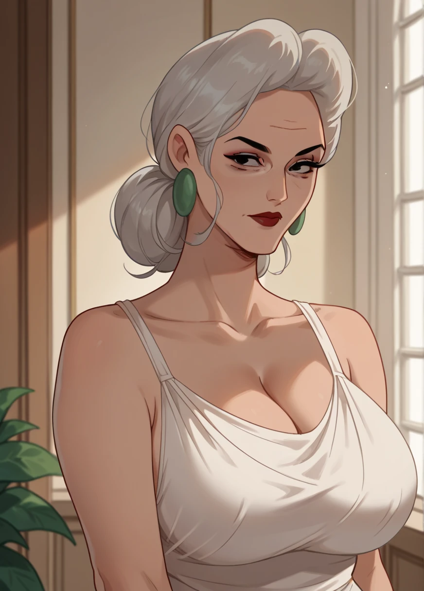black female, dark-skinned, 30years, gray braided hair. wearing a nightgown dress. defined body, abdomen due. mature woman. You are opening the door to your house.