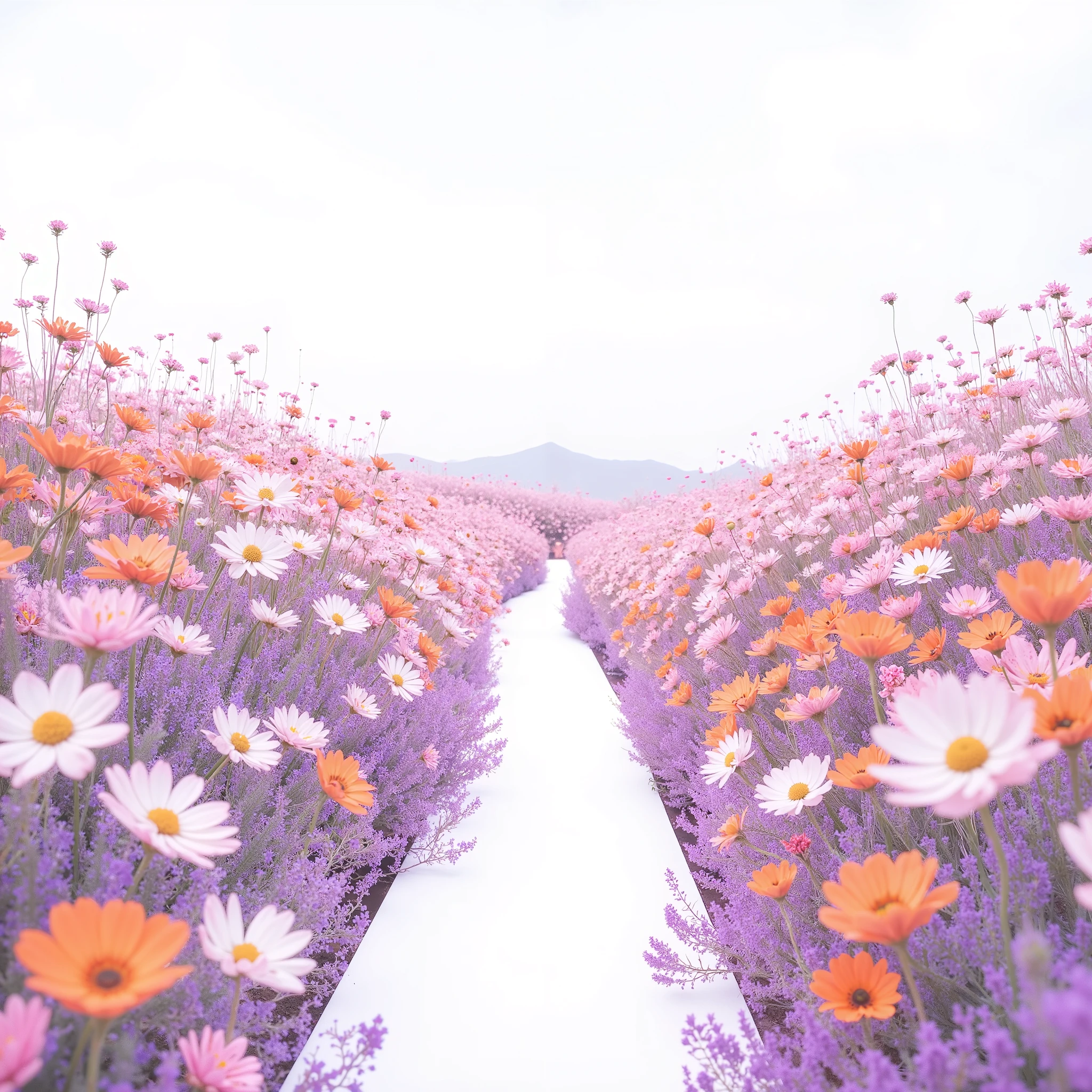 "White 배경.colorful small flowers bloom to create a flower path. The flowers are arranged from the bottom of the pink, Orange, White, It creates a bright and fantastic atmosphere with various colors such as yellow. The entire scene is dreamy and fairytale-like, and the,. It's an analog-like illustration style.. The viewpoint is oriented from the bottom of the screen to the top, and, The long flower path of Han Gil is getting farther away."high definition.illustration.Simple.The image is isolated without being cut.
