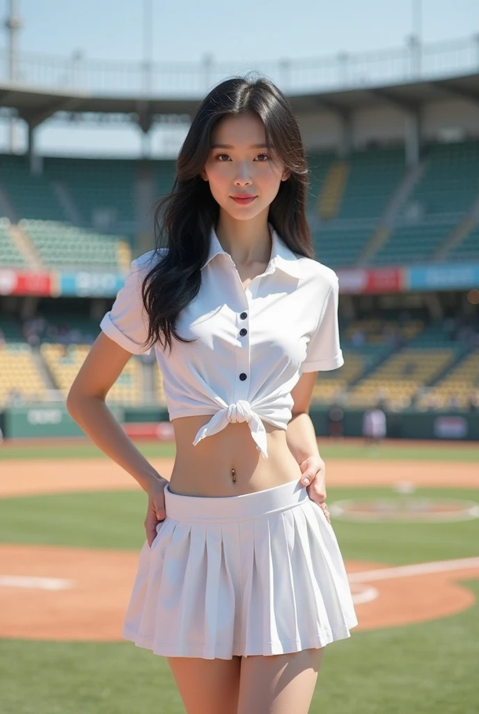 neat college girl, petite person, (school uniform, summer clothes), outside the athletic field, (slim), photorealistic, detail, skin texture, ultra detail, delicate and sexy collarbone, smile, super detailed face, detailed lips, detailed eyes, double eyelids, navel, small breasts, small, small, flat chest
