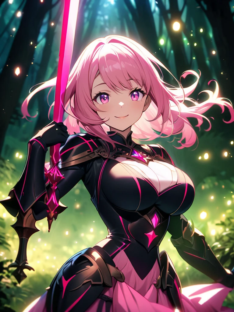 The upper part of the body、Anime style、Cyberpunk style、There is a sense of dynamism in the movement、wearing a long black dress、One beautiful woman with bright pink hair and a smile、holding two swords in hand、Dark interior with blue-green tones、pc wallpaper