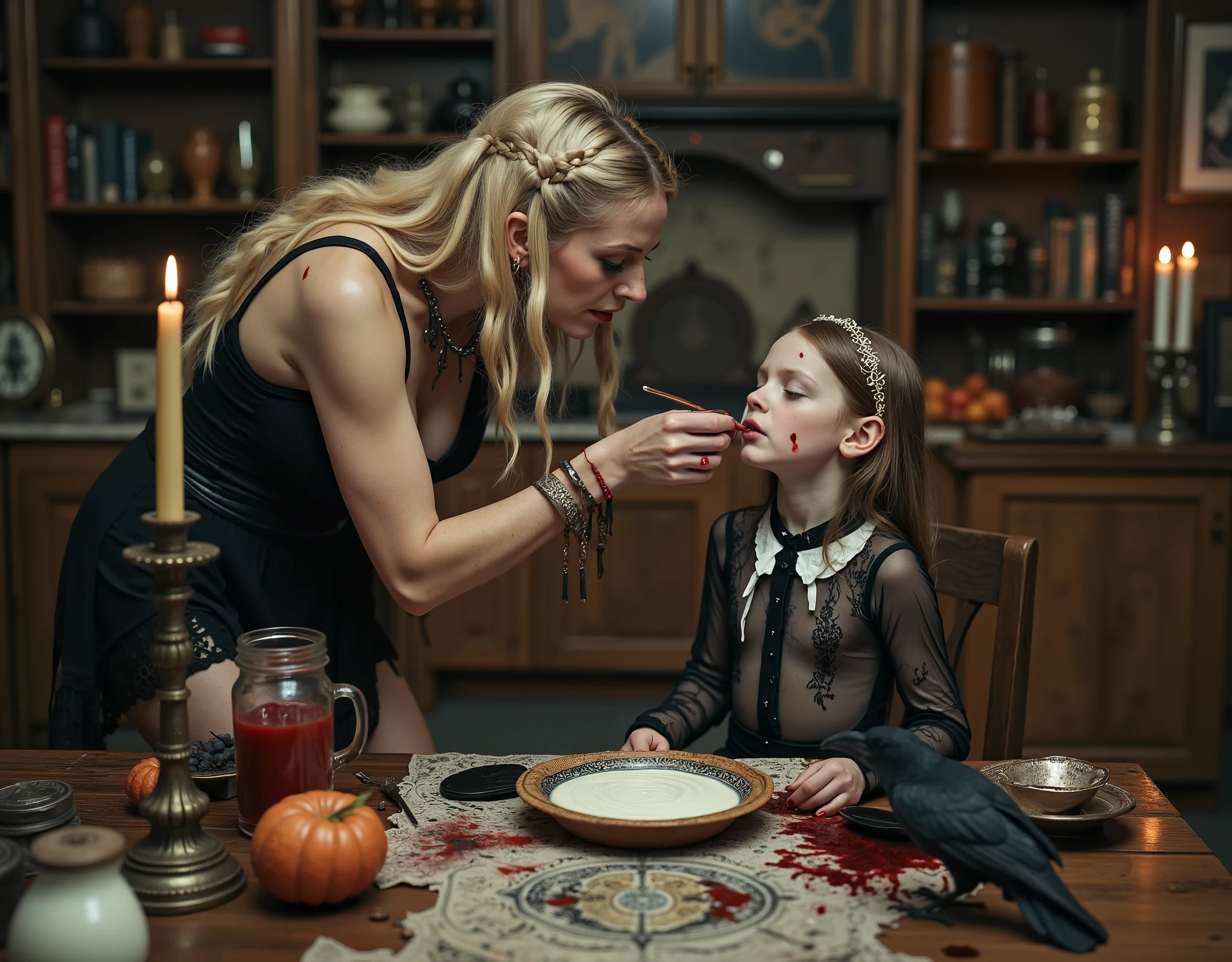 Swedish woman and a girl she is babysitting, at a kitchen table, traditional furnishings, woman is feeding the girl thick white vanilla yogurt, with her fingers and hands, the yogurt is poring down the girl's chin and onto her blouse, girl is in a trance, girl is wearing sheer black bodysuit, the mood is strange, ritual like, folk horror, woman is wearing black underwear, leather, erotic, blonde hair, braids, occults objects and books on the table, candles, some erotic photographs strewn over the table-top, detailed, intricate, vivid and lurid colors, fumetto aesthetic, volumetric lighting, cinematic lighting, dead crow and some blood
