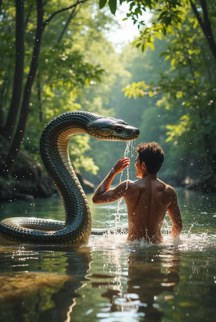 Realistic white snake with open mouth showing fangs wrapped around a realistic person