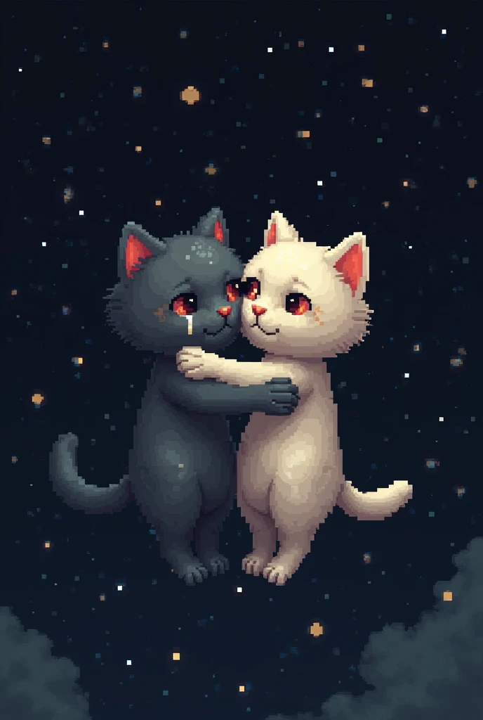 Wallpaper size,black female cat hug and kiss purple female cat with soft smile and eye close with red background