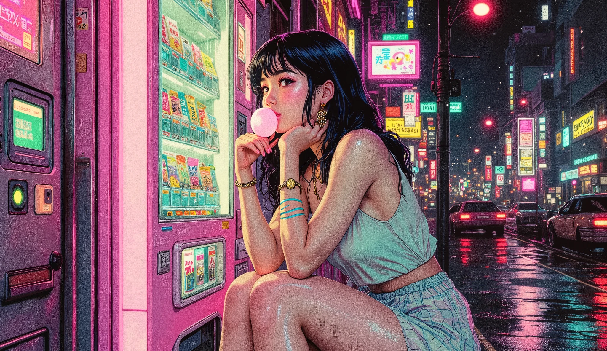 (vaporwave), High-saturation color 2D illustration, (best quality, 4k, 8k, highres, masterpiece:1.2), ultra-detailed, 1 cute asian girl blowing bubblegum while leaning on a glowing vending machine, (pastel neon pink and mint green palette:1.5), (glitch pixel art effects:1.2), VHS static lines, CRT vending screen interface, neon cyber grids on pavement, (low-poly neon reflections:1.2), RGB earrings, neon tube halo above, 1980s retrofuturism city, anime-style cyan and gold heterochromia eyes with rainbow diffraction, transparent holographic skirt, wireframe hologram wristbands, cyberpunk night city reflections, gentle digital rain mist, vaporwave lo-fi dreamy ambiance.
