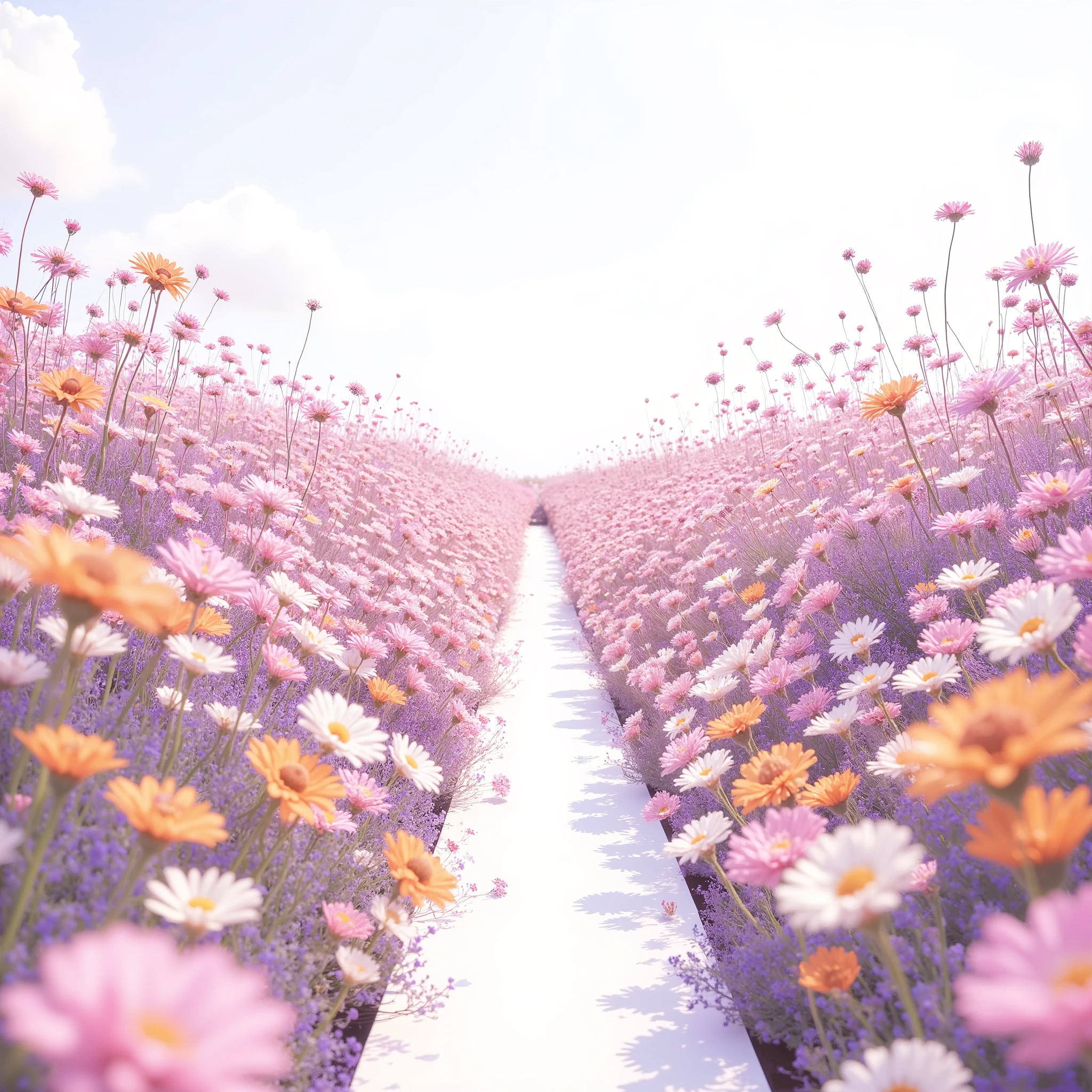 "White 배경.colorful small flowers bloom to create a flower path. The flowers are arranged from the bottom of the pink, Orange, White, It creates a bright and fantastic atmosphere with various colors such as yellow. The entire scene is dreamy and fairytale-like, and the,. It's an analog-like illustration style.. The viewpoint is oriented from the bottom of the screen to the top, and, The long flower path of Han Gil is getting farther away."high definition.illustration.Simple.The image is isolated without being cut.