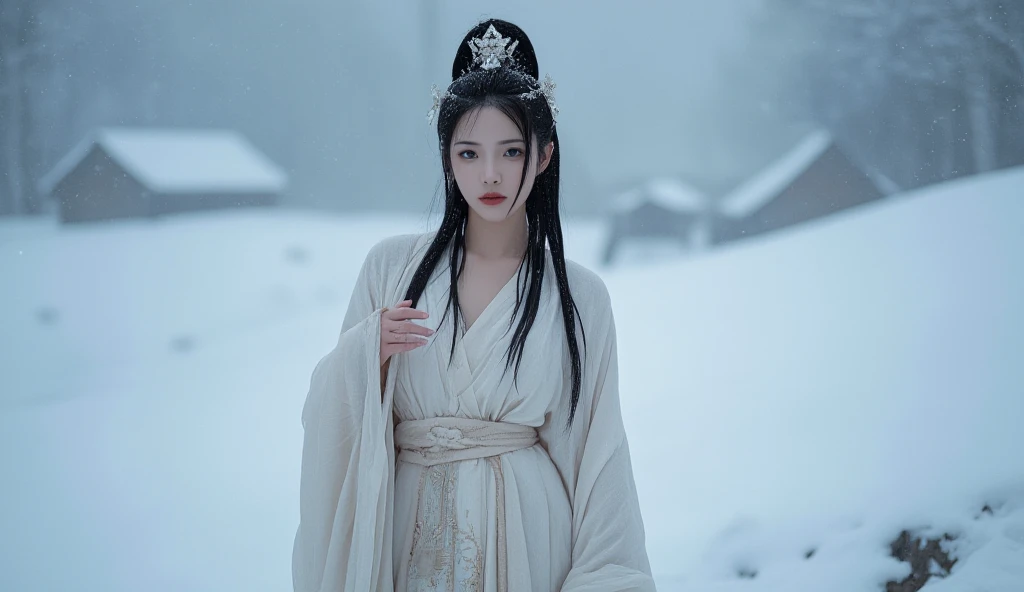 **Prompt:** Create an ultra-realistic 8K image of Yuki-onna, the snow spirit from Japanese folklore, reimagined as the embodiment of an ultimate blizzard while retaining her iconic features. Yuki-onna stands in the midst of a raging snowstorm, her pale, almost translucent skin blending seamlessly with the swirling snow. Her long, jet-black hair whips around violently, as if controlled by the fierce winds, partially obscuring her icy blue eyes that glow with a cold, unforgiving intensity.

She is dressed in a flowing white kimono, tattered and frayed at the edges, as it flutters wildly in the storm. The kimono appears to be made of the very snow and ice that surround her, with intricate patterns of frost forming and dissolving with every gust of wind. Her presence is commanding and terrifying, as if she is the storm itself, a force of nature that cannot be tamed.

The background is a chaotic scene of a brutal blizzard, with snow whipping through the air in blinding sheets, obscuring everything in its path. The landscape is barely visible, with only faint outlines of snow-covered trees and mountains in the distance, all engulfed by the relentless fury of the storm. Yuki-onna’s figure is both part of the storm and apart from it, a ghostly presence at the center of the tempest.

Her expression is one of cold determination, with a slight, emotionless smile that hints at her control over the destructive power of the blizzard. The scene captures the essence of Yuki-onna as the ultimate embodiment of a winter storm, a being of pure, unstoppable force, as beautiful as she is deadly.