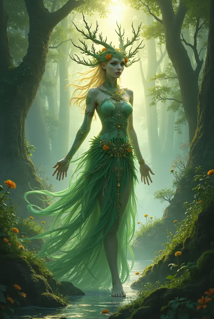 Yakshini of the Sacred Forest,  A Yakshini emerging from the depths of a dense, sacred forest, her body entwined with vines and flowers. Her eyes glow with an otherworldly light, and she holds a staff made of entwined roots and flowers. The forest is dense with ancient trees, with beams of sunlight filtering through the canopy, casting a mystical atmosphere.