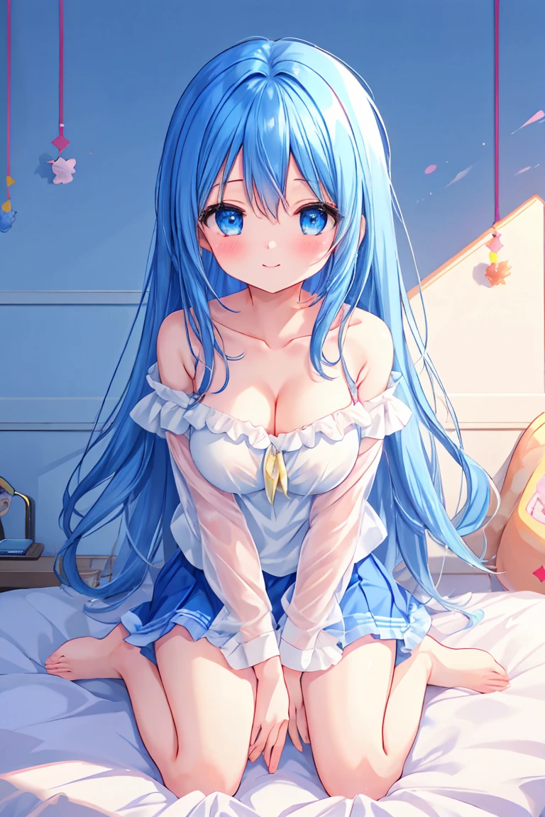 (Best Quality,High resolution,8K,finelity detailed background,Masterpiece:1.2),beautiful girl,Shiny light blue hair,messy hair,Light blue eyes,Gentle look,A refreshing look,Best quality,Best Quality,Aesthetic and aesthetic:1.2,Best details((Super detailed))(High-definition CG illustrations),cuteパジャマ,Slender body,night,Moonlight,Bedroom,On the bed,smile,blush,cute,Scrounge,Looking up,Being spoiled,super model,wariza,shoot from below