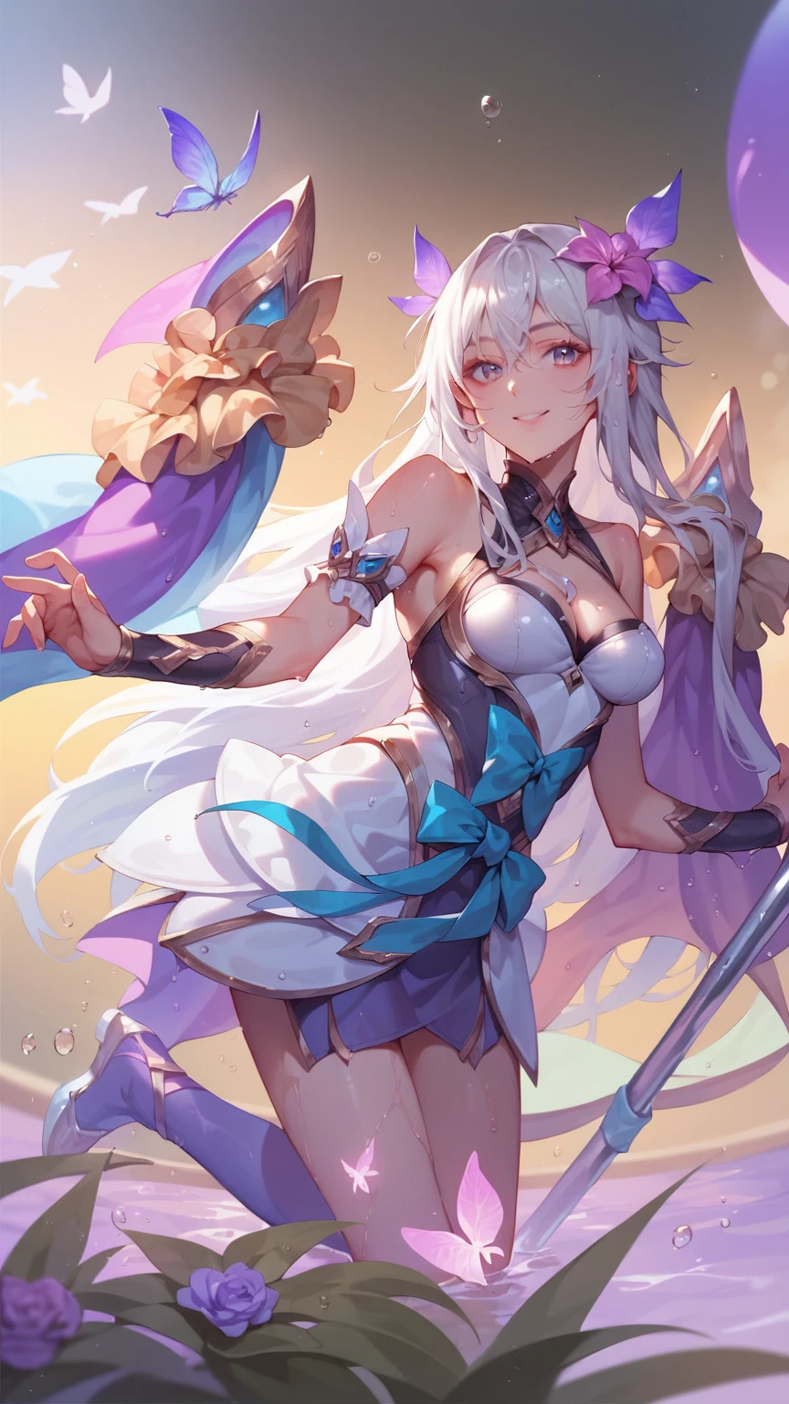 Anthropomorphic Lizard, white scales with a pale pink hue and tail, long white rabbit-like ears tipped with vivid blue, moon silver mask with white and gold feathers and pink ribbons, vivid blue armor with blue tentacles, black half gloves, vivid blue claws, cresent moon tattoos, leaping around under a moonlite sky, masterpiece, best quality