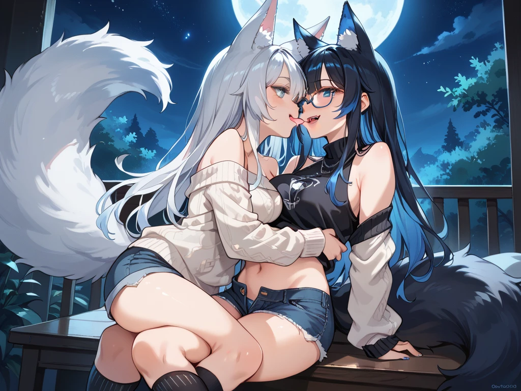 best quality,best resolution,(fluffy anthro furry :1.6),cat girl,2girls,lesbian,girl on girl,fiercely sex,french kissing,deep kissing,white fur,blue long hair,wavy hair,messy hair,neck fur,naked,shiny skin,neck steam,mouth steam,full face blush,horny face,upper body only,sparkle star background,lily flower field,night,light and shadow,very hot,grab breasts,plenty pussy juice,orgasm,spread pussy,fingering