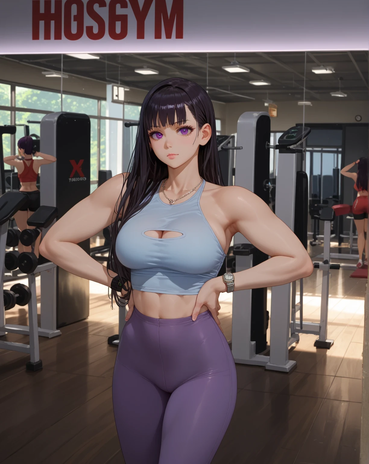 score_9, score_8_up, score_7_up, source_anime, solo, 1girl, maki oze, long hair, black hair, purple eyes, huge breast,thighs, 1girl, solo, breasts, black_hair, long_hair, watch, shorts, wristwatch, cleavage, necklace, looking_at_viewer, black_shorts, large_breasts,yoga pants,