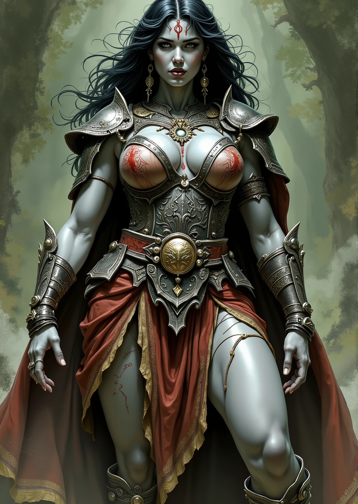 An extremely detailed comic book illustration of a stunningly beautiful extremely curvaceous grey skinned female Goliath from Dungeons and Dragons distant descendants of giants bearing the favors of the first giants that manifest in various supernatural boons with stone skin and red ink tattoos on their bodies and faces trained as a berserker barbarian from dungeons and dragons heavily muscled powered by the primal forces of the multiverse that manifest as Rage more than a mere emotion this Rage is an incarnation of a predator's ferocity a storm's fury and a sea's turmoil wearing a form fitting sleeveless tunic which appears tough and rugged and emphasizes her massive breasts and extremely long legs with ornate shoulder pads that are intricately designed made of hardened leather a broad embellished belt cinches the tunic adorned with metallic accents and intricate patterns with various decorative elements hanging from it suggesting both style and functionality over a flowing layered skirt that is shorter in front and longer in the back made of a rich fabric whose hem is trimmed with golden details with hardened leather arm guards or bracers that complement her outfit and provide extra protection blending functionality with an aesthetic that signifies her strength and nobility as a warrior in an art style inspired by Frank Miller and Conan the Barbarian. The Background is awash in textured brushstrokes of forest green and natural earthy tones. Standing in a dynamic action pose. Trending on Art Station.