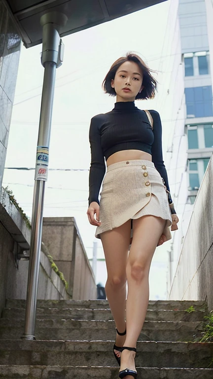 ((top-quality、4K、​masterpiece:1.3))、Perfect beautiful body:1.4、s ass:1.2、(Layered Haircut:1.2)、(Dark Street:1.0)、Highly detailed facial and skin texture、full body Esbian、cute little、Delicat eyes、二重まぶた、Whitened skin、length hair、(with round face:1.3)、(Loose crop top、a miniskirt:1.6)、One。