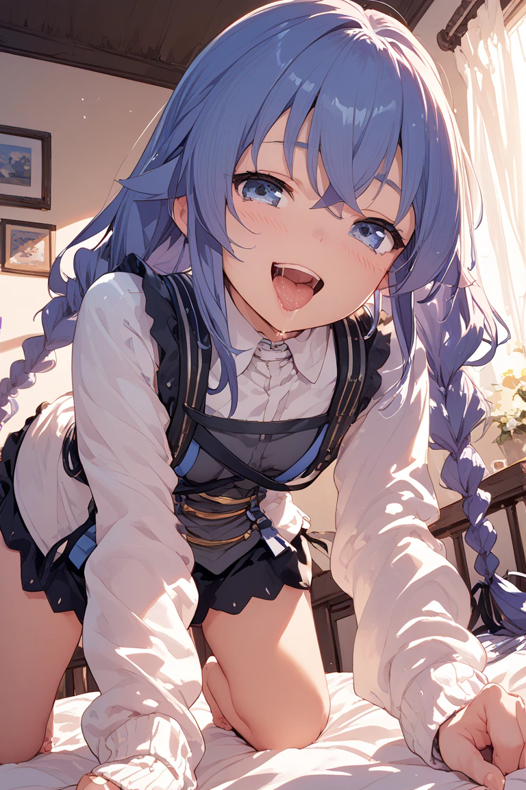 Best quality, ultra-detailed, girl 21 years old appearance = “средние blue hair”, “brown eyes”, “Wears glasses”, “pierced lip and tongue”, “Height - 165”, “идеальная грудь”, “Elastic butt”] [Clothing = "maid uniform, short skirt", "No bra", "секси thong", ((uncensored)), ((back view)), ((Very detailed clothing)), ((leaned over)), ((best ass)), ((sexy panties)), вид сзади, показать задницу, извращенка, сильно возбуждена