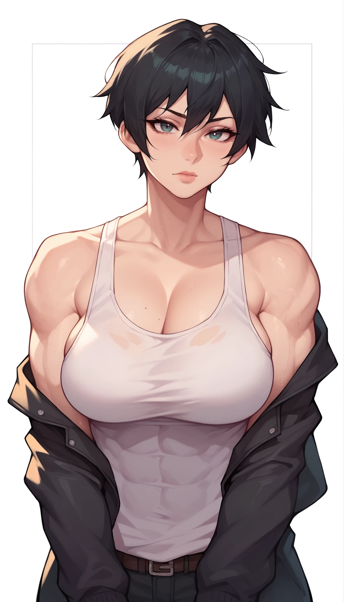 1girl, black hair, collarbone, black jacket, large breasts, looking at viewer, shirt, short hair, solo, tank top, upper body, white shirt, white tank top, showing abs, muscular female,