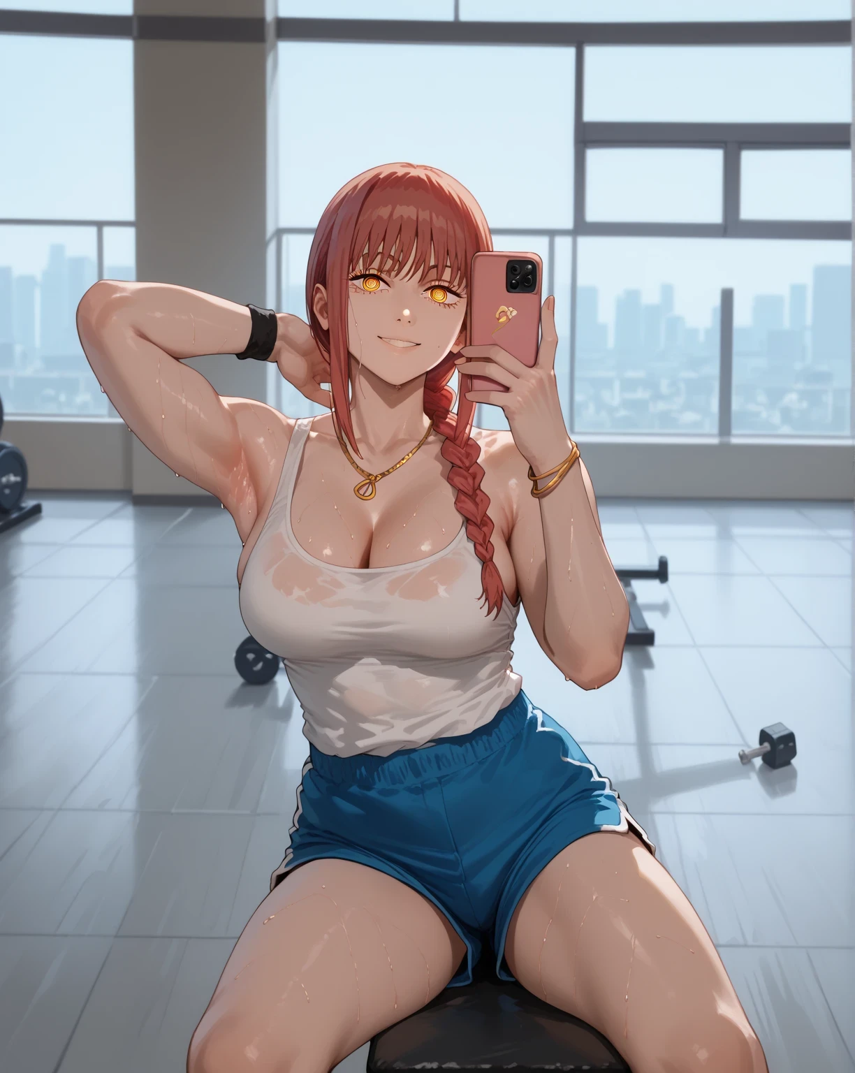 Makima, 1girl, solo, long hair, breasts, bangs, large breasts,yellow eyes, braid, sidelocks, red hair, braided ponytail, ringed eyes, breasts, 1girl, breasts, makima_(chainsaw_man), shorts, sweat, phone, braid, ringed_eyes, cleavage, braided_ponytail, jewelry, selfie, large_breasts, solo, yellow_eyes, red_hair, sitting, holding_phone, smile, blue_shorts, cellphone, armpits, looking_at_viewer, holding, bracelet, necklace, exercise, thighs, gym, tank_top, long_hair, smartphone, sweaty_clothes, indoors, short_shorts, bangs