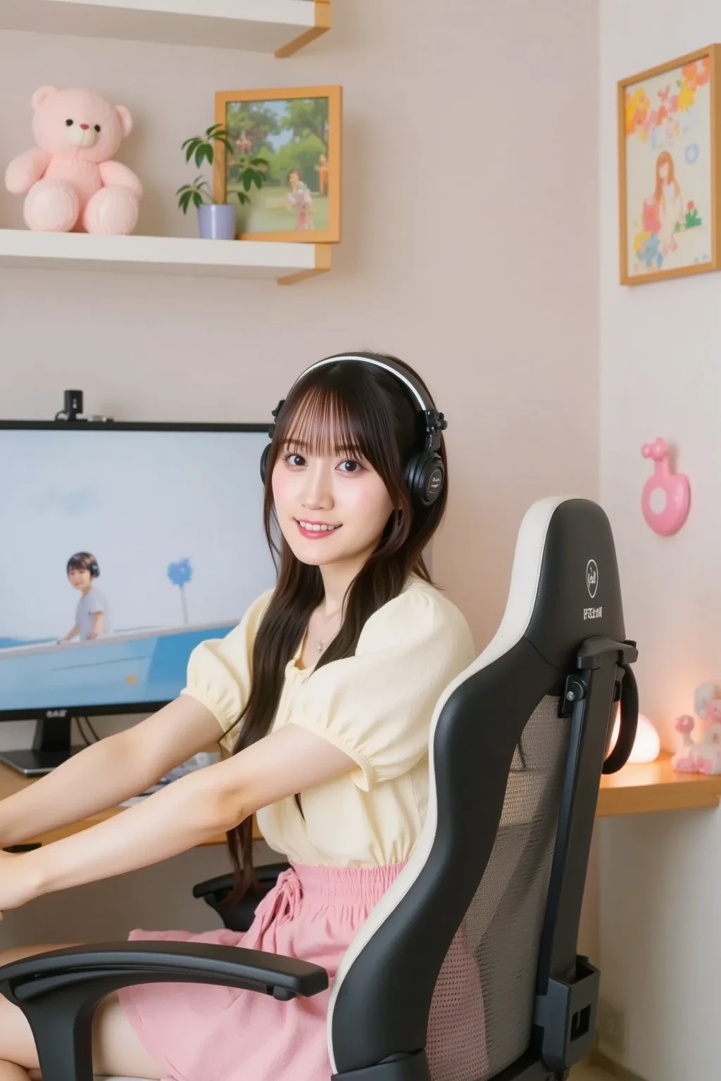 Beautuful Women、(8K、SLR、realisitic)、Lovely room、Play games、Sit in the game chair、Wearing headphones、Laugh、Look at your computer screen、Side view