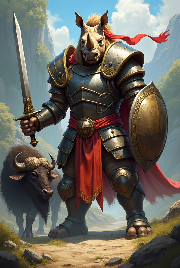 A good-natured warrior cow with a sword