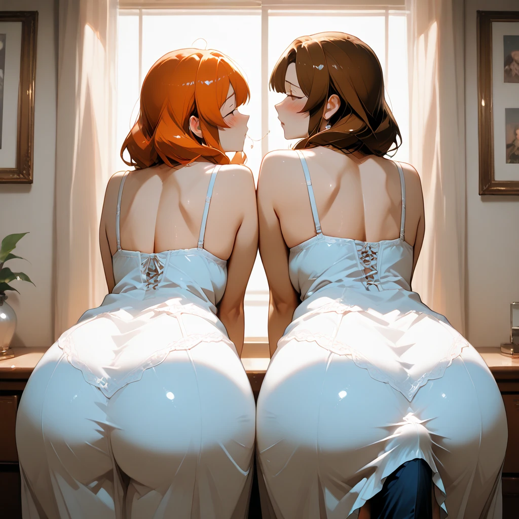 Generates an nfsw image of two 28-year-old women with super realistic anatomy, on their knees with their backs turned, showing their big ass, with an expression of extinction, one of them has short red hair, the other has blue hair, both have big butt, wearing white heels, one of them wears fishnet stockings and a black choker, and a red thong, the other wears a white choker and a blue thong, in the living room of a house,
