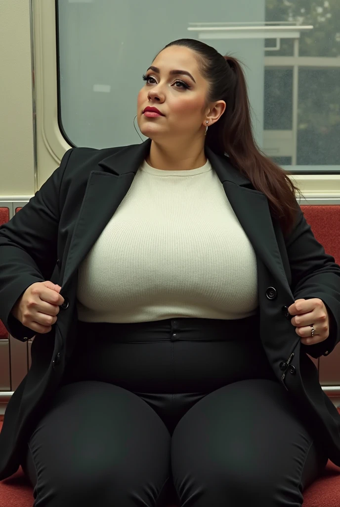1girl,(masterpiece:1.8),photo-realistic,16k,(beautiful 40s japanese plump lady:1.5),(crowded train:1.6),(black chiffon frilled blouse:1.5),(jeans:1.2),(sandals:1.2),(handing on wetting crotch with both hands:1.3),(leaning forward:1.1),(leaking pee:1.6),(dripping pee:1.5),(blush:1.7),(panicking:1.7),(sobbing:1.6),(brown hair:1.2),long hair,straight hair,black eyes,(attractive older woman:1.1),mature woman,MILF,curvy,huge breasts, (heavy makeup:1.3)