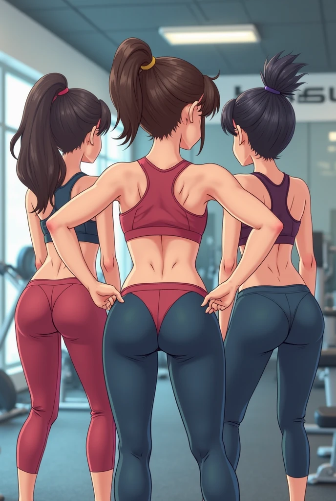 6-panel comic of a fit tanned Singaporean marathon runner woman having cowgirl style sex, 6 panels, comic, saturated colours, removing clothes, adidas pumps, sports bra, shorts,