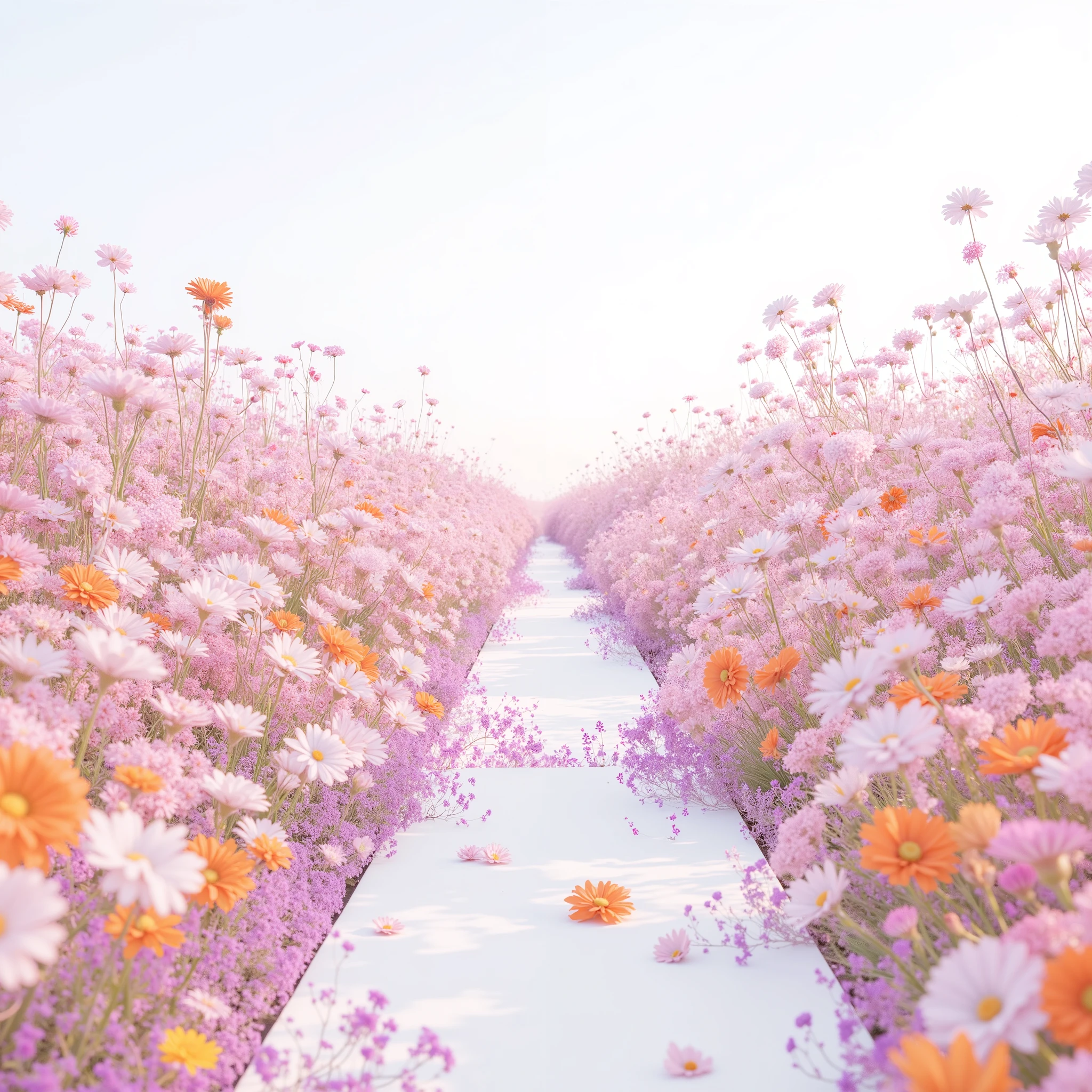 "White 배경.colorful small flowers bloom to create a flower path. The flowers are arranged from the bottom of the pink, Orange, White, It creates a bright and fantastic atmosphere with various colors such as yellow. The entire scene is dreamy and fairytale-like, and the,. It's an analog-like illustration style.. The viewpoint is oriented from the bottom of the screen to the top, and, The long flower path of Han Gil is getting farther away."high definition.illustration.Simple.The image is isolated without being cut.