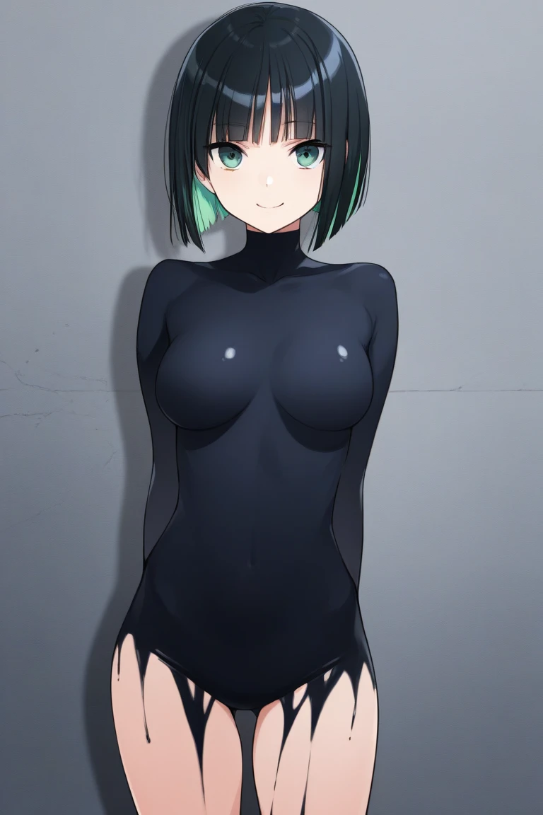 a naked girl , big tits, extremely pale skin, black lipstick, short hair, black hair with green highlights, bored face, shirt lift undressing