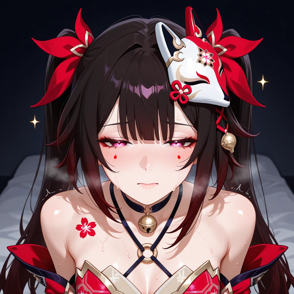 anime artwork, score_9, score_8_up, score_7_up, score_6_up, score_5_up, score_4_up,sparkle \(honkai: star rail\),1girl, twintails, black hair, small breasts, red eyes, red eyeshadow, fox mask, , , , , she is 24 years old, , ,horny, style_3, floox style, . She has fluorescent pink eyes with tiny black dots under each of her eyes.. naked, , bedroom, nude,naked, 1boy, prone bone, sex, vaginal, grey background, head in pillow, boy's head out of frame, blush, nose blush, motion lines, looking down, muscular male, emphasis lines, . white-and-red Kitsune mask is at an angle on the top of her head, which has a pink flower gem on its forehead. W