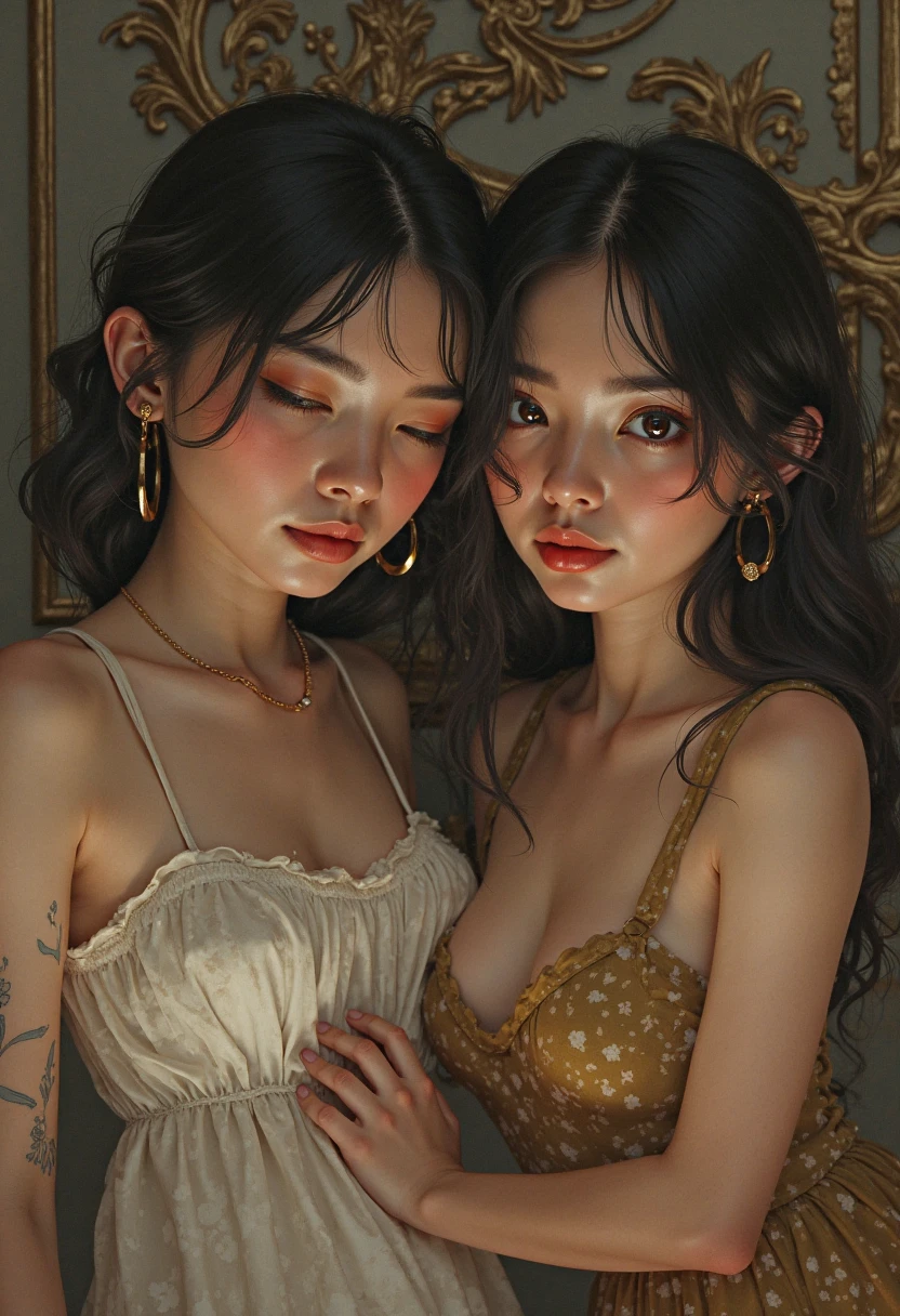 The woman is sitting on the couch with her female friend behind her, in front of a birthday cake, making a wish on the birthday cake, celebrating her birthday, she is around 18 years old, white skin, facial features delicate