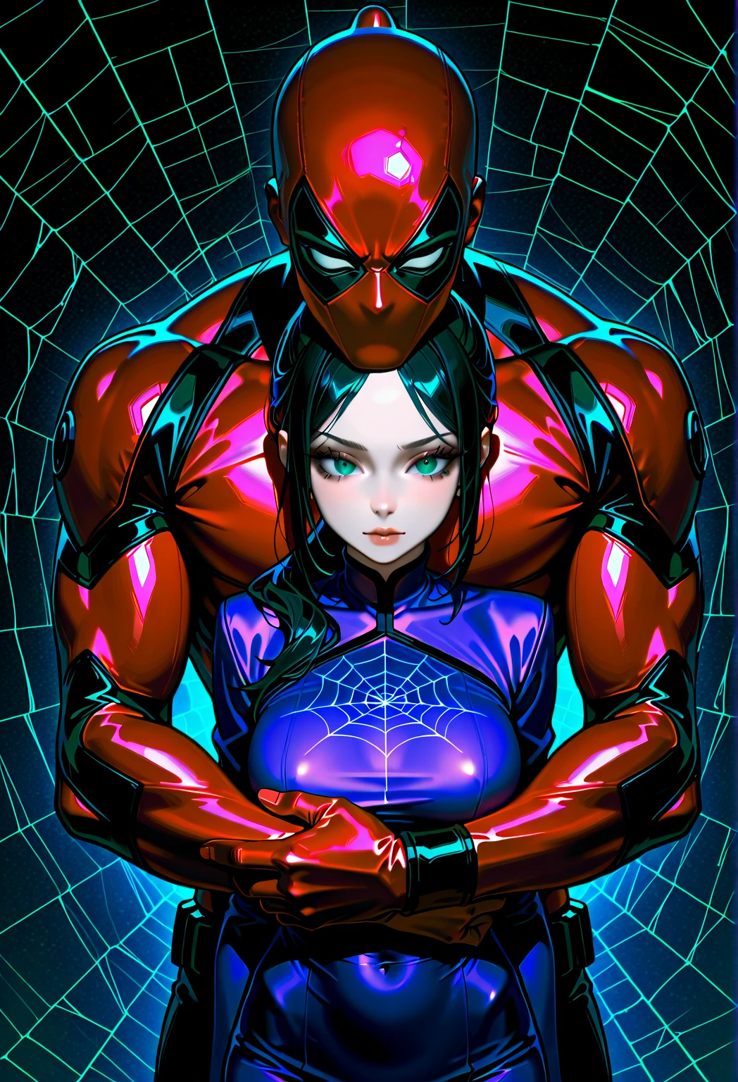 Image with full resolution/quality/sharpness/, Unreal Engine 5/Power Rangers/Tokusatsu/Mortal Kombat/Super Metroid, Cartoon/Disney/Dragon ball/Style, ((1/Woman/big breasts1/helmet/belt/Mega Man-X/Kamen Rider/Spiderman)), mohawk long hair, looking at viewer, pose, City at night shower strongly, --w 658 --h 1024