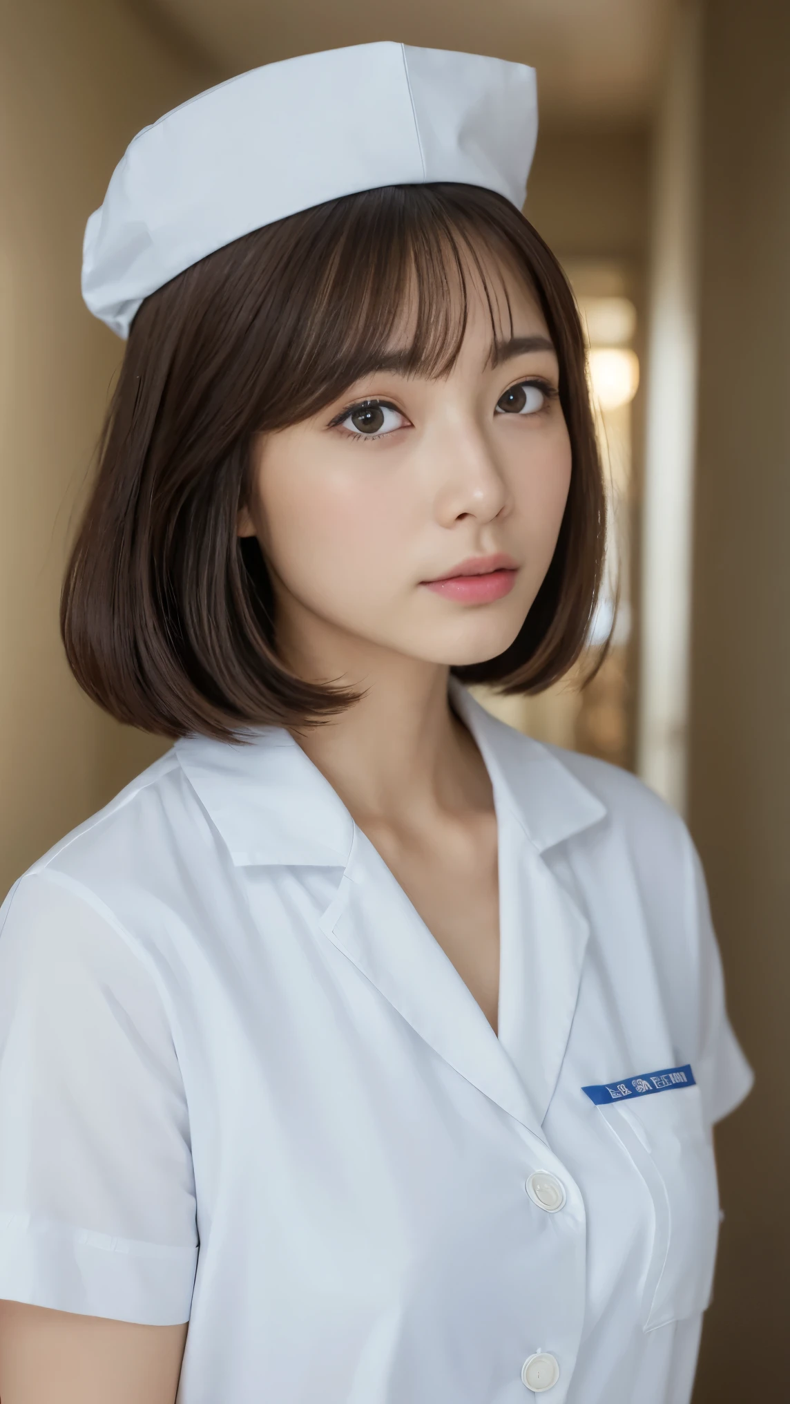 1 girl,(Wearing white nurse clothes:1.2),(RAW photo, highest quality), (realistic, photo-realistic:1.4), masterpiece, very delicate and beautiful, very detailed, 2k wallpaper, wonderful, finely, very detailed CG unity 8k wallpaper, Super detailed, High resolution, soft light, beautiful detailed girl, very detailed eyes and face, beautifully detailed nose, finely beautiful eyes, nurse, perfect anatomy, black hair, up style, nurse uniform, ((nurse cap)), long skirt, nurse, white costume, thin, hospital, clear, white uniform, hospital room, auscultation of the neck,bob cut、Looking back