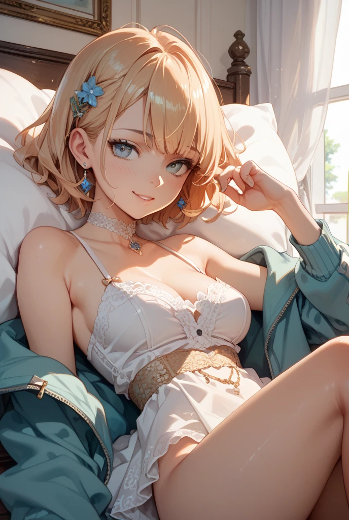 top-quality、Top image quality、masterpiece、girl with((18year old、 White underwear、Best Bust、Bust 85、a blond、Semi-long、Blue eyes、open chest wide、Valley、Happiness、A slender、Naughty face、lying back on、on the beds、face to viewer、Point out your point to your audience))hiquality、Camera Film Style、Background with((A room with beautiful sunlight))、masutepiece、cool style、Elaborate design、visualart