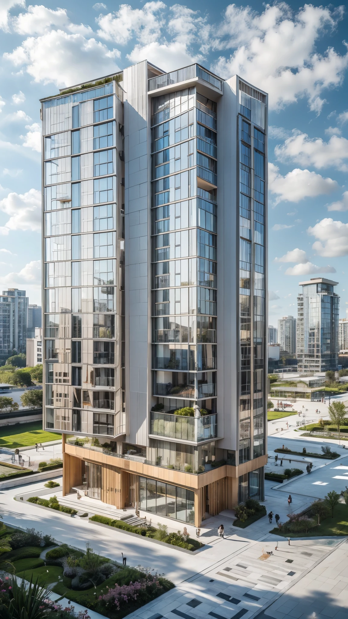 Apartment building, roads, parks, cars, trees, blue sky, standing upright, white wall and glass