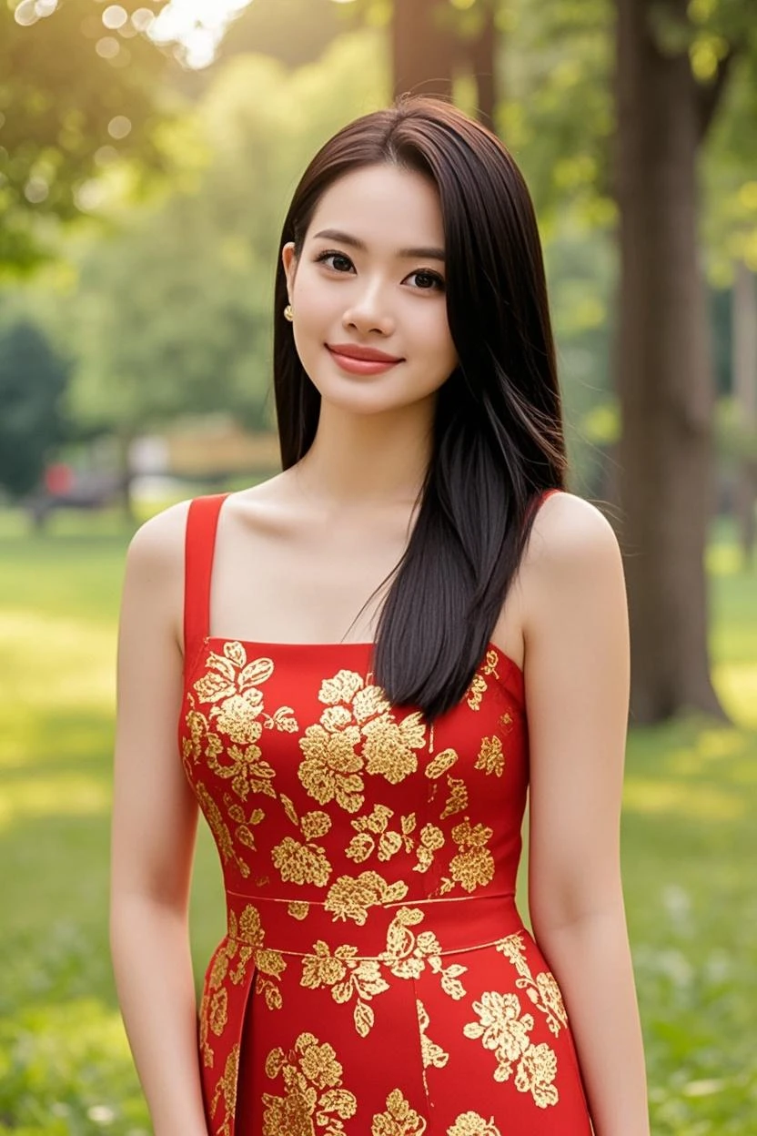 Here's the English translation:
"Create an image of an 18-year-old Asian girl wearing red clothes, with a cute face and smiling. The image should be full-body, slightly revealing, youthful, and realistic."