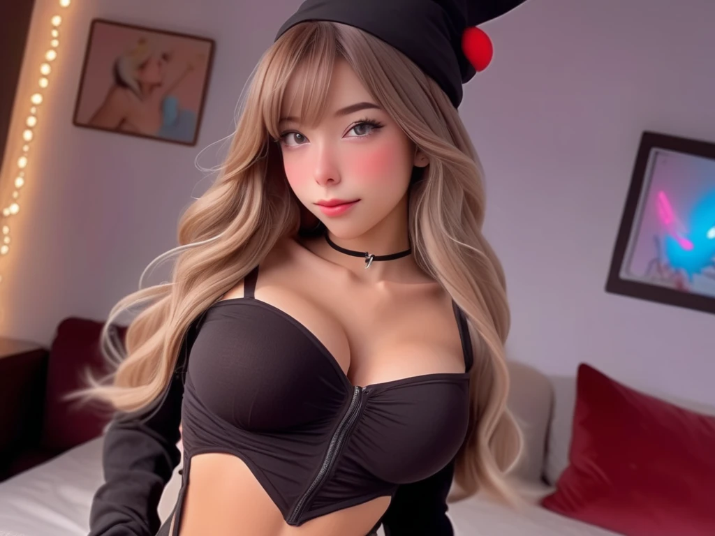 Photorealistic perfect body、Ultra HD、Ultra-realistic image quality、(Wear a uniform:1.5)、(Wearing a business suit that shows Cleavage:1.4)、(alone)、Huge breasts、(Cleavage:1.3)、(Hibiscus hair accessory, glasses and twin tails:1.2)、Small waist、Over the knee socks、Suede boots、Blonde、Medium length hair、Japanese、()、Gal-style necklace、Gal style bracelet、Gal-style earrings、Upper Body、Hands Down、Hands between the crotches、Put your hands down、Spread your legs、Natural smile