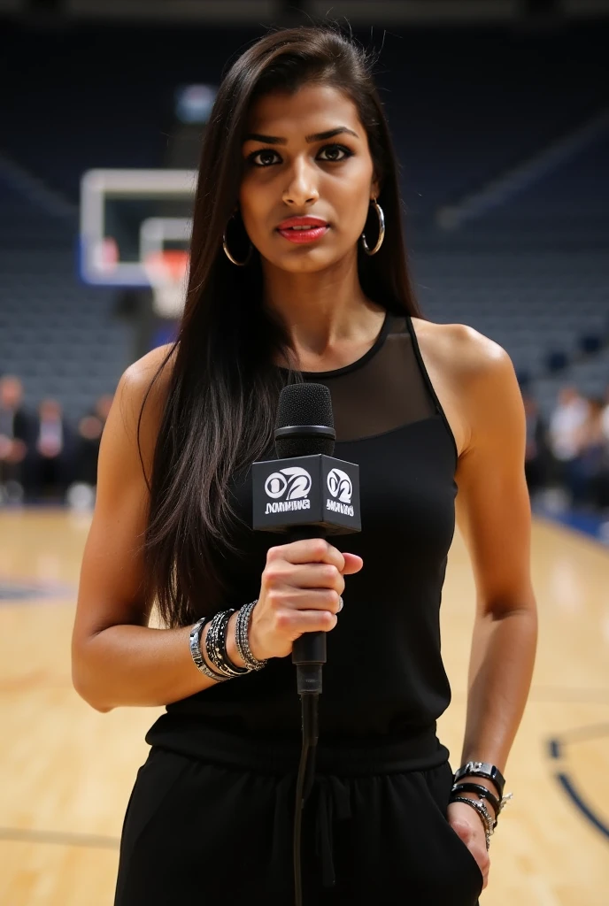 Morena Baccarin disguised as a sports commentator