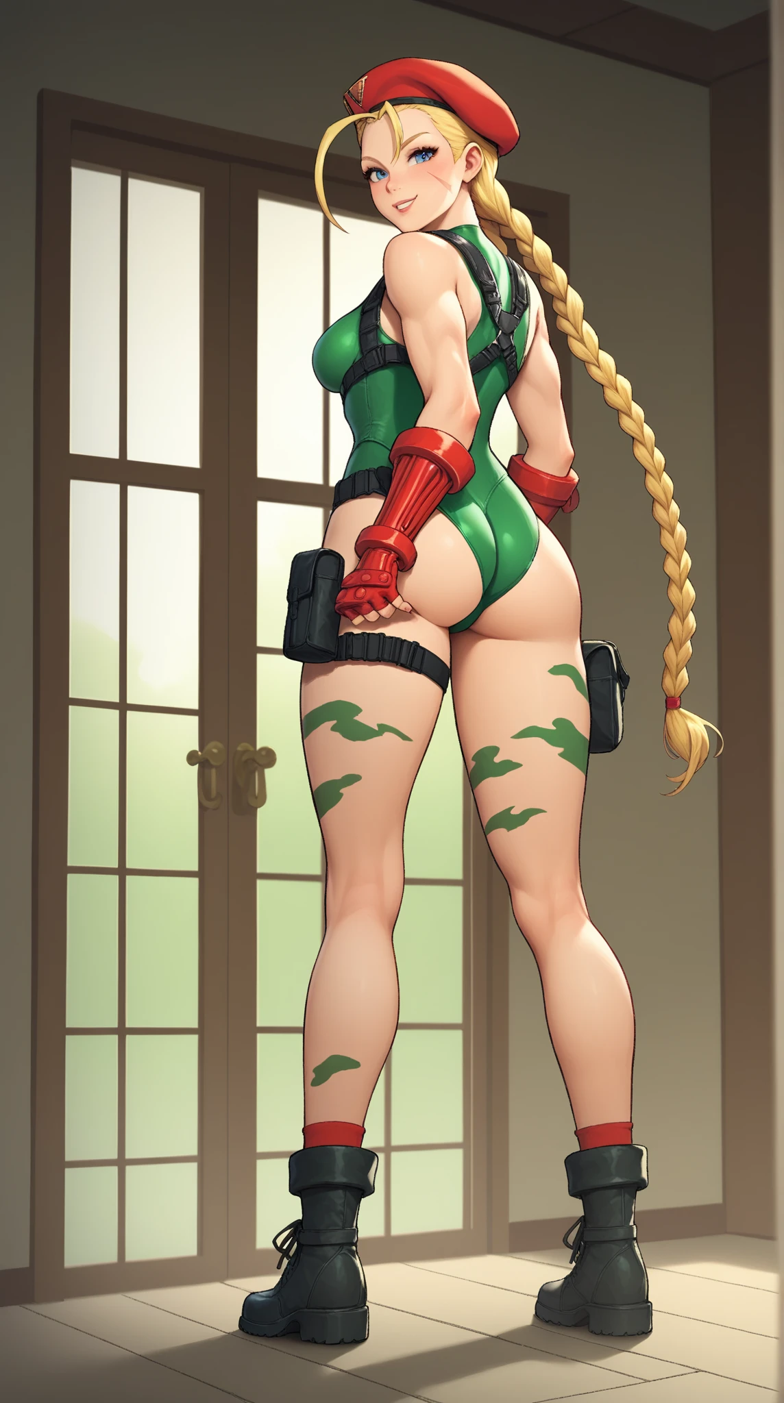 SF2CW, (((1 girl))), Masterpiece, Best Quality:0.6, high resolution, UHD, beautiful girl standing confident, towards the front so that the nipples are noticeable, standing alone, ((Back_vista)), big and perfect, bad humor, big blue eyes, lipstick, ((looking up)), face scar, Red beret, blond hair, ((braided twin tails)), (((fitted green leotard))), (thick thighs), perfect legs, perfect hips, red glove, military base landscape, war airplain Background, ((fog around the scene)), ((blur_Background:1.3))