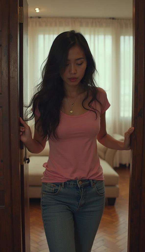 "Girl with malay face, 21yo, near the outer door, light blue jeans, maroon red t-shirt, glasses, peeing, (urination:1.5), medium: oil painting, realistic:1.37, best quality, ultra-detailed, studio lighting, vivid colors, physcially-based rendering."