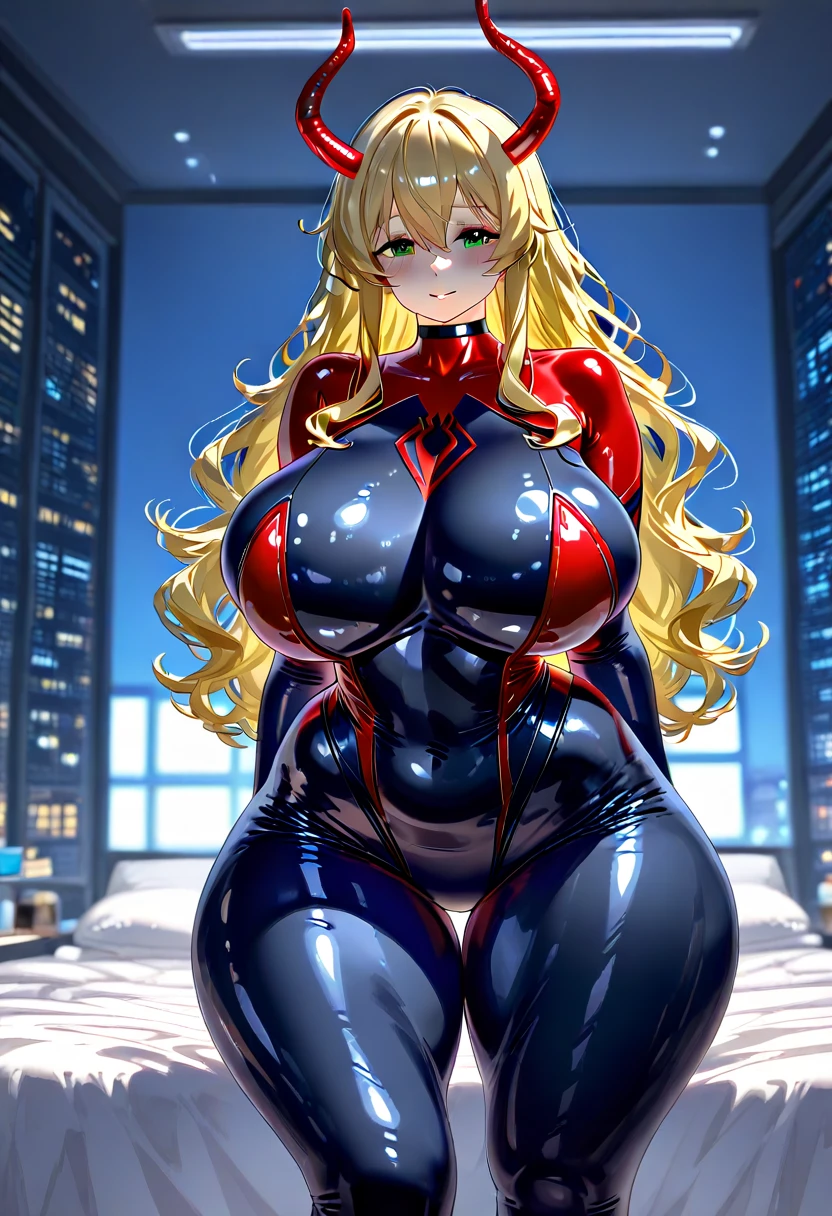 1girl in, (Blue eyes), Smiling, (In the name of Minaj), wide hips, Colossal tits, Big ass, (Best Quality, 8K, masutepiece: 1.3), Clear focus: 1.2, Perfect Body Beauty: 1.4 , Slender Abs: 1.2, Highly detailed face and skin texture, Detailed eyes, Double eyelids, (Blonde long hair), (Red latex pants :1.3), (Tube Black), (Standing), (At the Shibuya intersection), Background building, Deep in the field