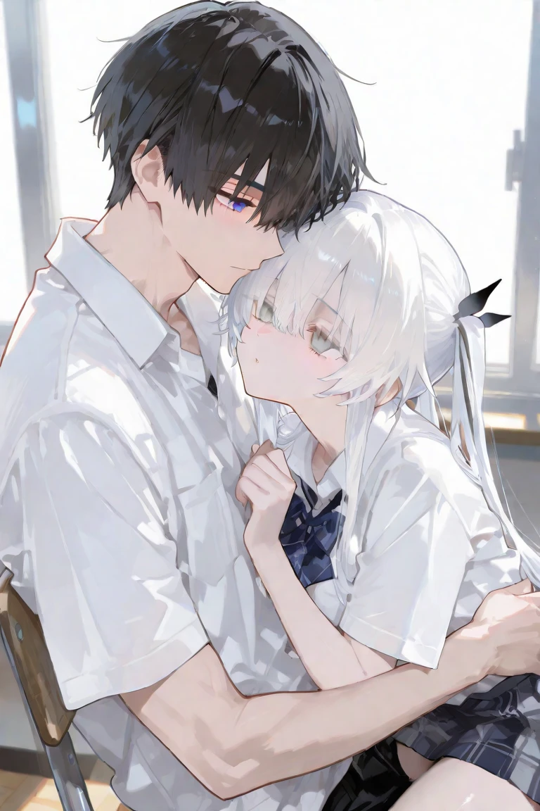 best quality, high detailed, Faint lips,UC:realistic, cinematic lighting petite 1girl silver hair vermilion eyes, seductive :D school_Uniform, full body , 1girl 1boy hug, kissing, profile half closed eyes, casino