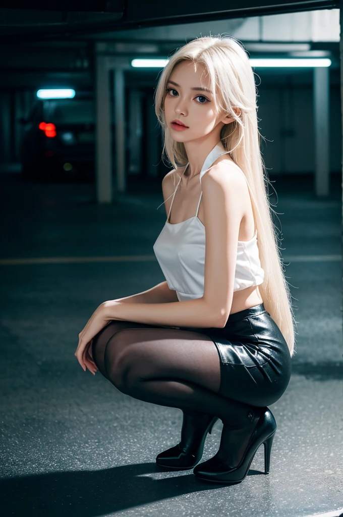 ((Better Quality)), ((tmasterpiece)), (detaileds:1.4), short white-hair，smil，cream leggings sweatpants，White T -shirt，Grow legs，camel fingers，large boob，Large bust，areola is visible，choker necklace，手链，lying on the road,Ass,The large, large round,Sexy、Long black hair、Anatomically perfect limbs